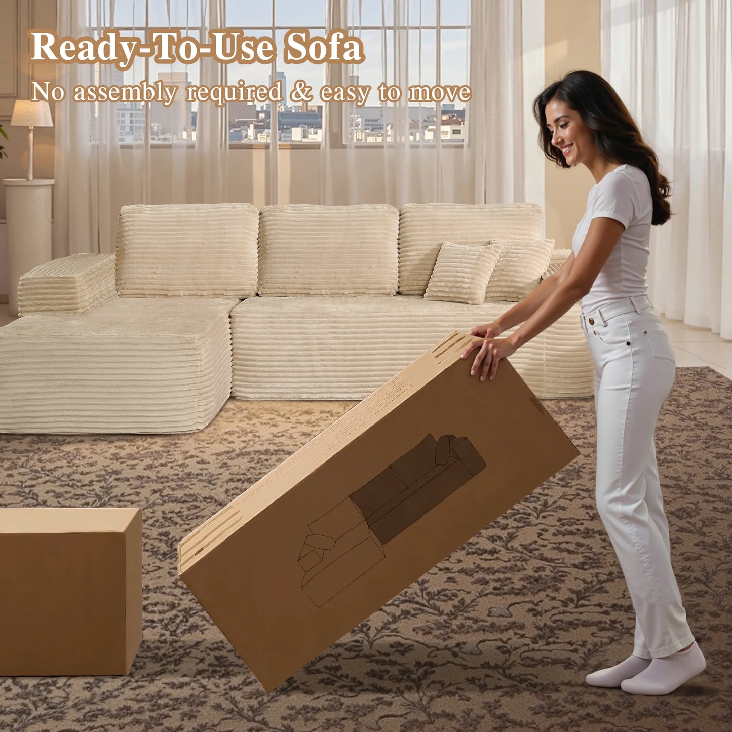 106" Cloud Sofa Couch No Assembly Boneless Deep Seat Sofa for Living Room, Beige(Plush Corduroy)
