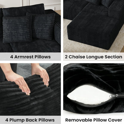137" U-Shaped Sectional Sofa with Chaise, Modular Cloud Sectional Couch with Deep Seat for Living Room, Modern Boneless Couch with Back Cushion, Pillow, Ottoman, No Assembly Required, Corduroy Fabric