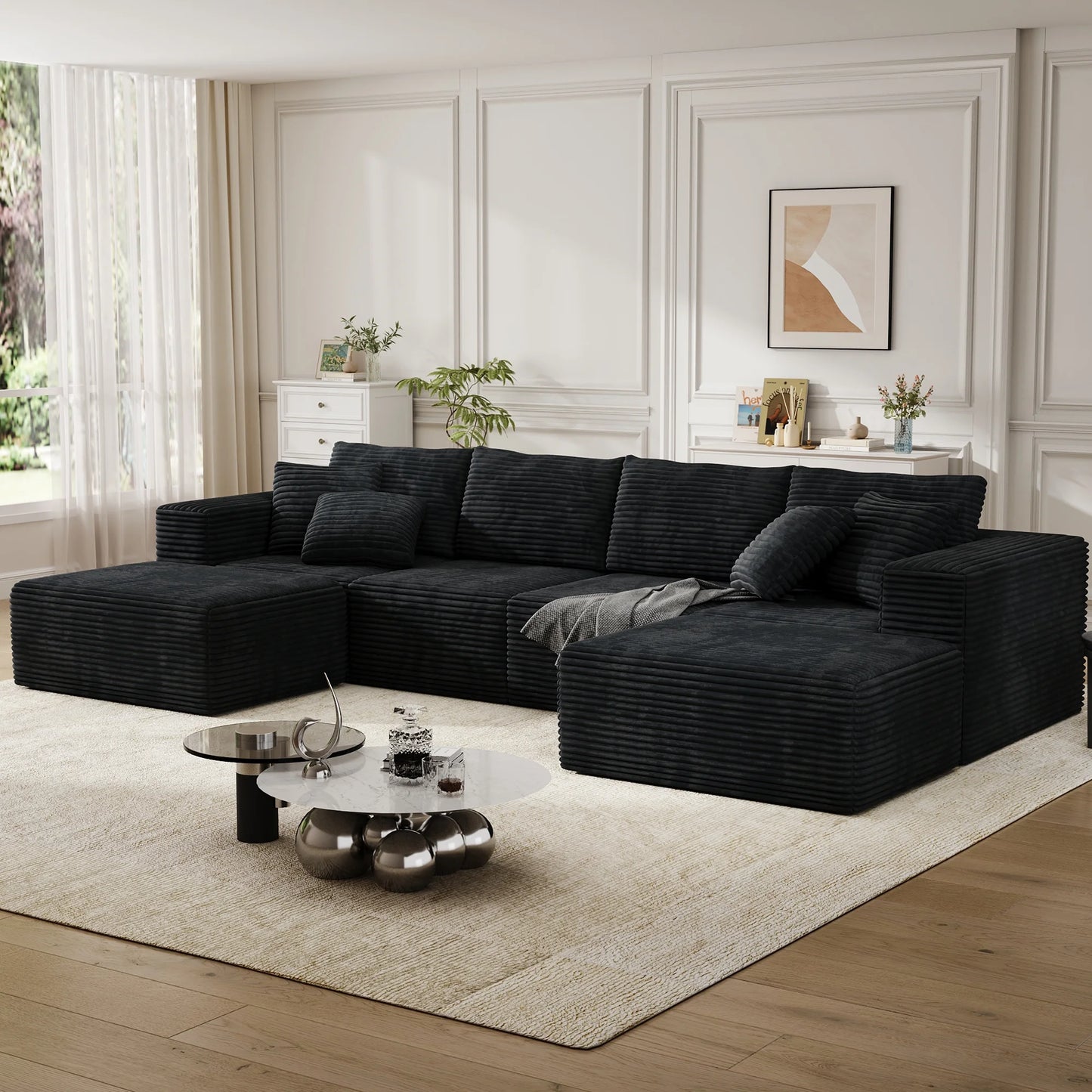 137" U-Shaped Sectional Sofa with Chaise, Modular Cloud Sectional Couch with Deep Seat for Living Room, Modern Boneless Couch with Back Cushion, Pillow, Ottoman, No Assembly Required, Corduroy Fabric