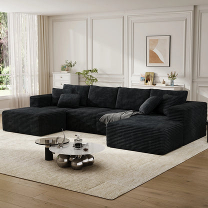137" U-Shaped Sectional Sofa with Chaise, Modular Cloud Sectional Couch with Deep Seat for Living Room, Modern Boneless Couch with Back Cushion, Pillow, Ottoman, No Assembly Required, Corduroy Fabric