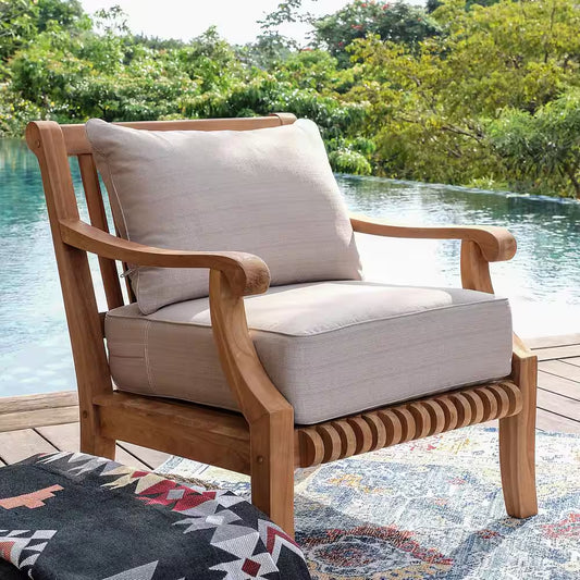 Mosko Premium Indonesia Teak Wood Outdoor Lounge Chair with Beige Cushion