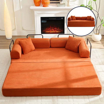 Folding Sofa Bed | Convertible Futon Sleeper Couch | Modern Floor Mattress | Corduroy Sofas and Couches for Living Room - Orange