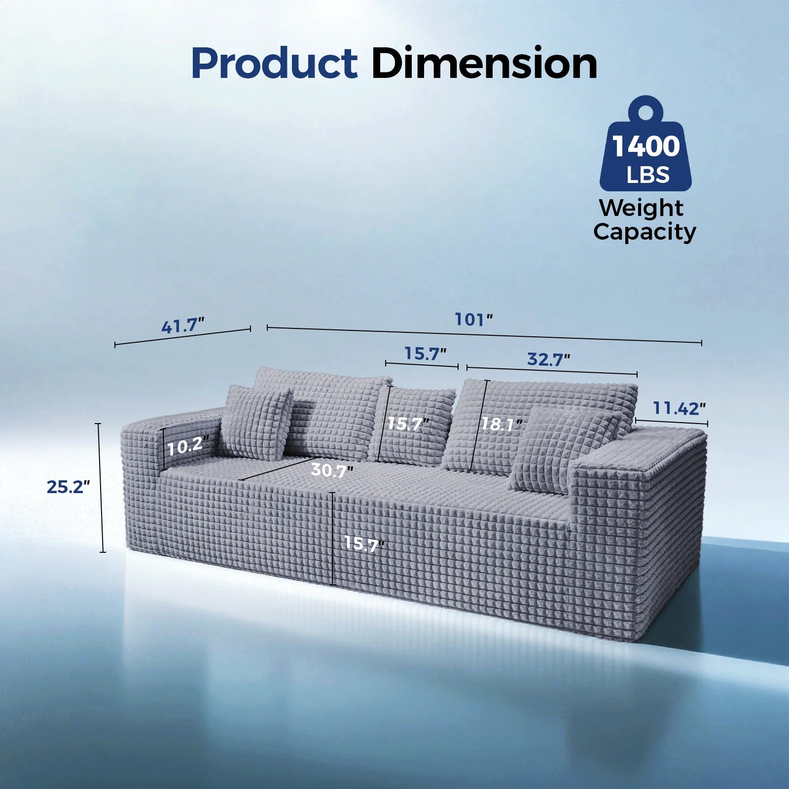 101" Couch for Living Room Furniture Diamond Boneless Sofa with 31-Inch Extra Deep Seat, No Assembly, Gray