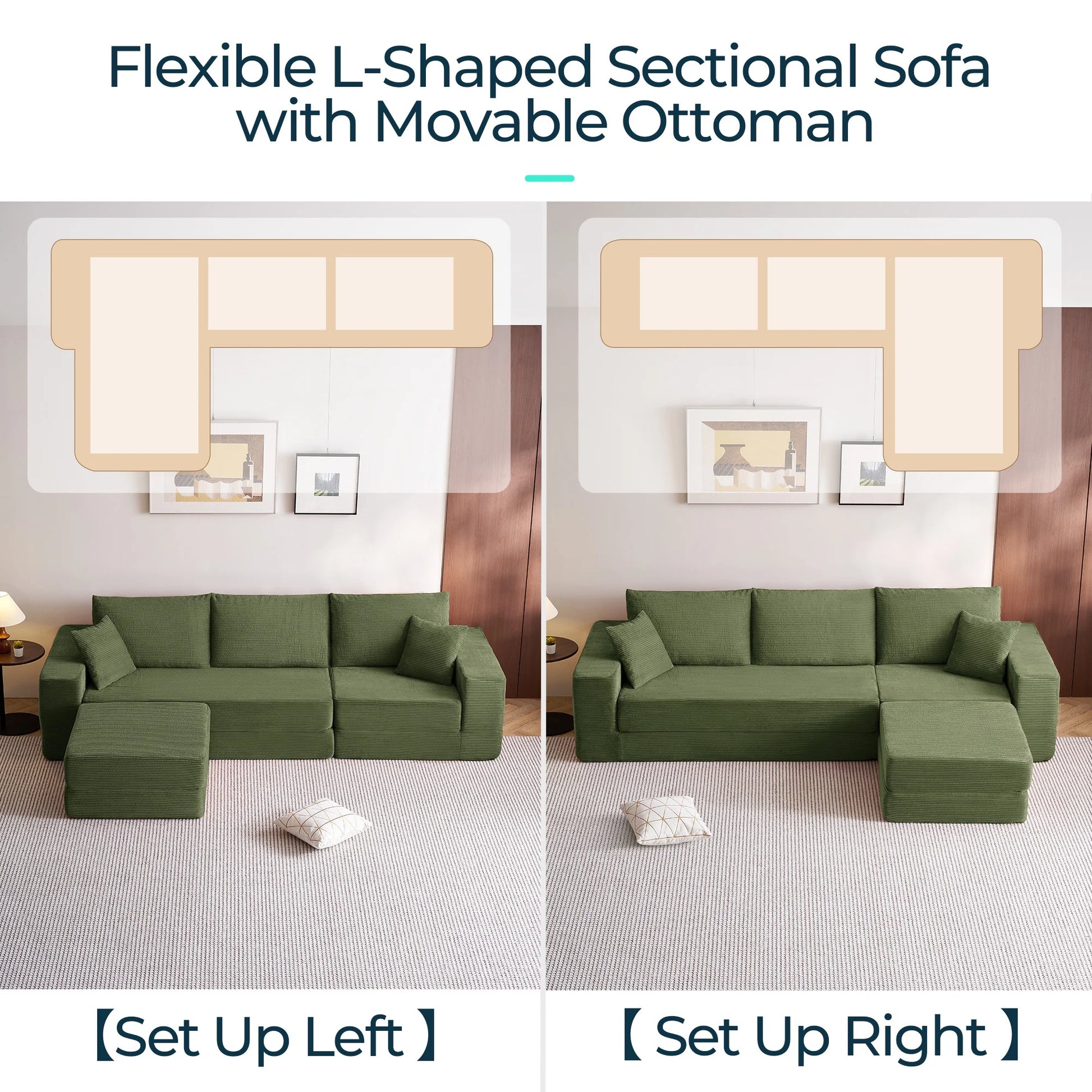 110" 4-In-1 Convertible Sectional Cloud Couch for Living Room, Modular Sleeper Sofa Bed with 2 Pillows, No Assembly Required, Green