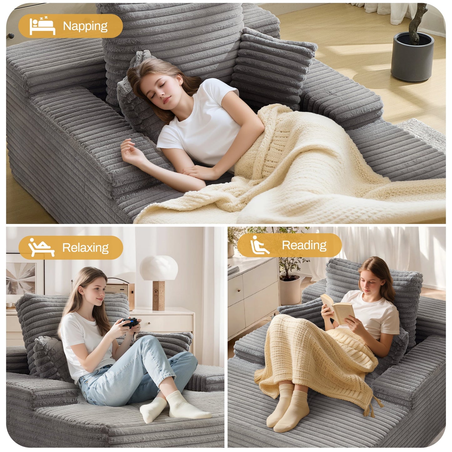 68.5" Boneless Chaise Lounge Chair Indoor, Upholstered Sofa Bed Corduroy Couches for Living Room, No Assembly Required, Grey