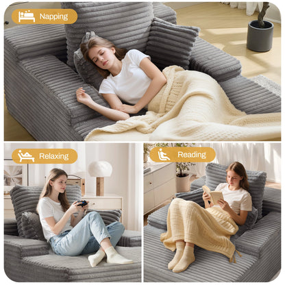 68.5" Boneless Chaise Lounge Chair Indoor, Upholstered Sofa Bed Corduroy Couches for Living Room, No Assembly Required, Grey