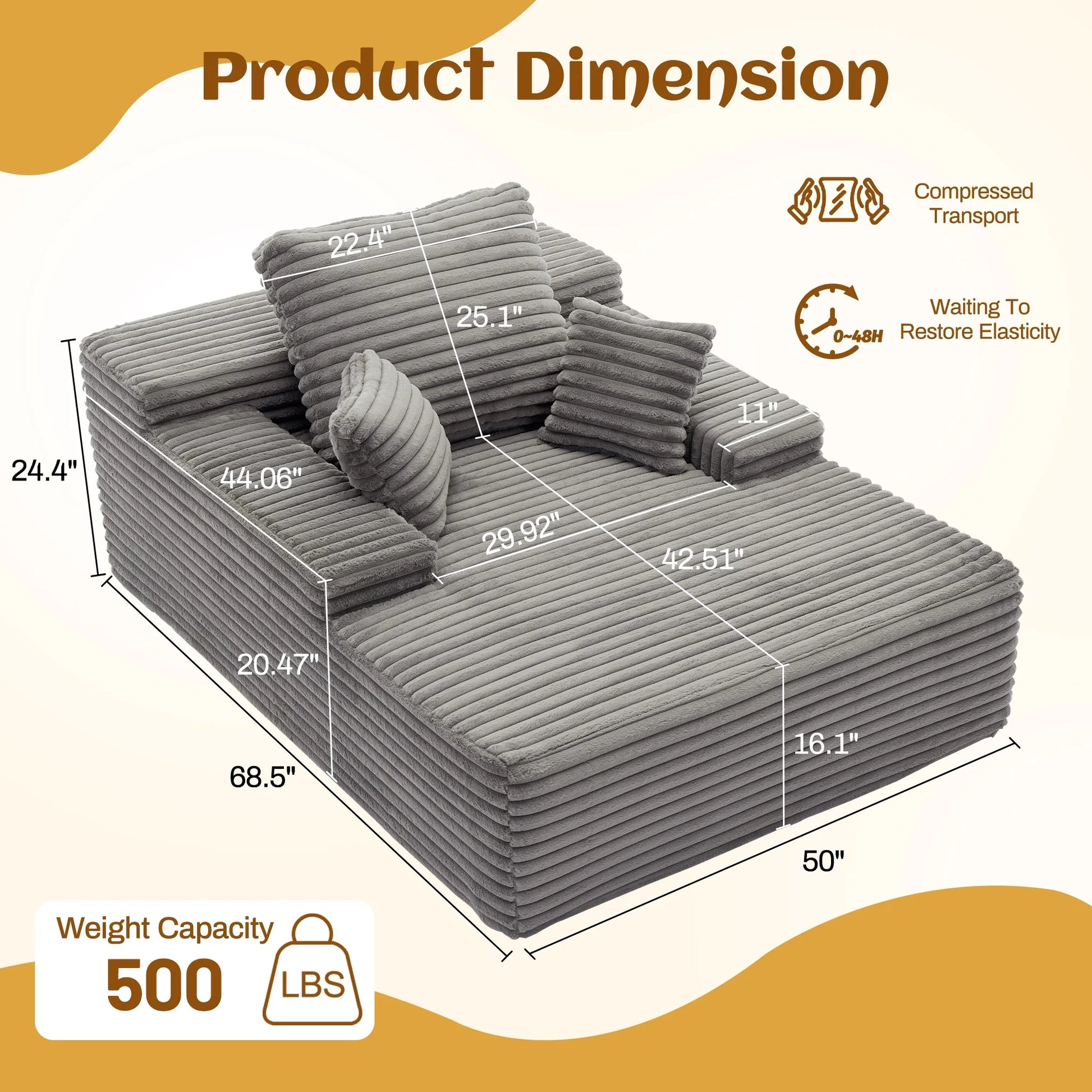 68.5" Boneless Chaise Lounge Chair Indoor, Upholstered Sofa Bed Corduroy Couches for Living Room, No Assembly Required, Grey
