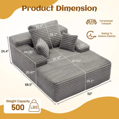 68.5" Boneless Chaise Lounge Chair Indoor, Upholstered Sofa Bed Corduroy Couches for Living Room, No Assembly Required, Grey