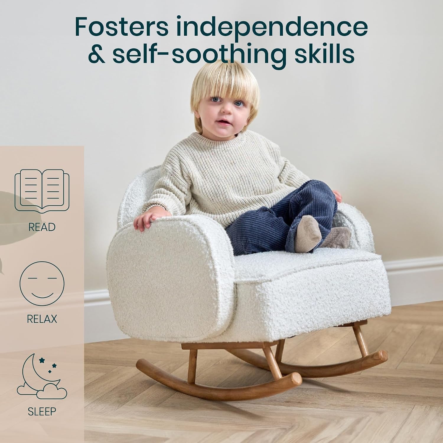 Micah Mini Me Kids Rocking Chair - Co-Ordinated Bouclé Rocking Chair for Toddler, Rounded Backrest & Rubberwood Rocking Bars, Toddler Rocker for Kids from 3 to 6 Years (Fresh Cream)