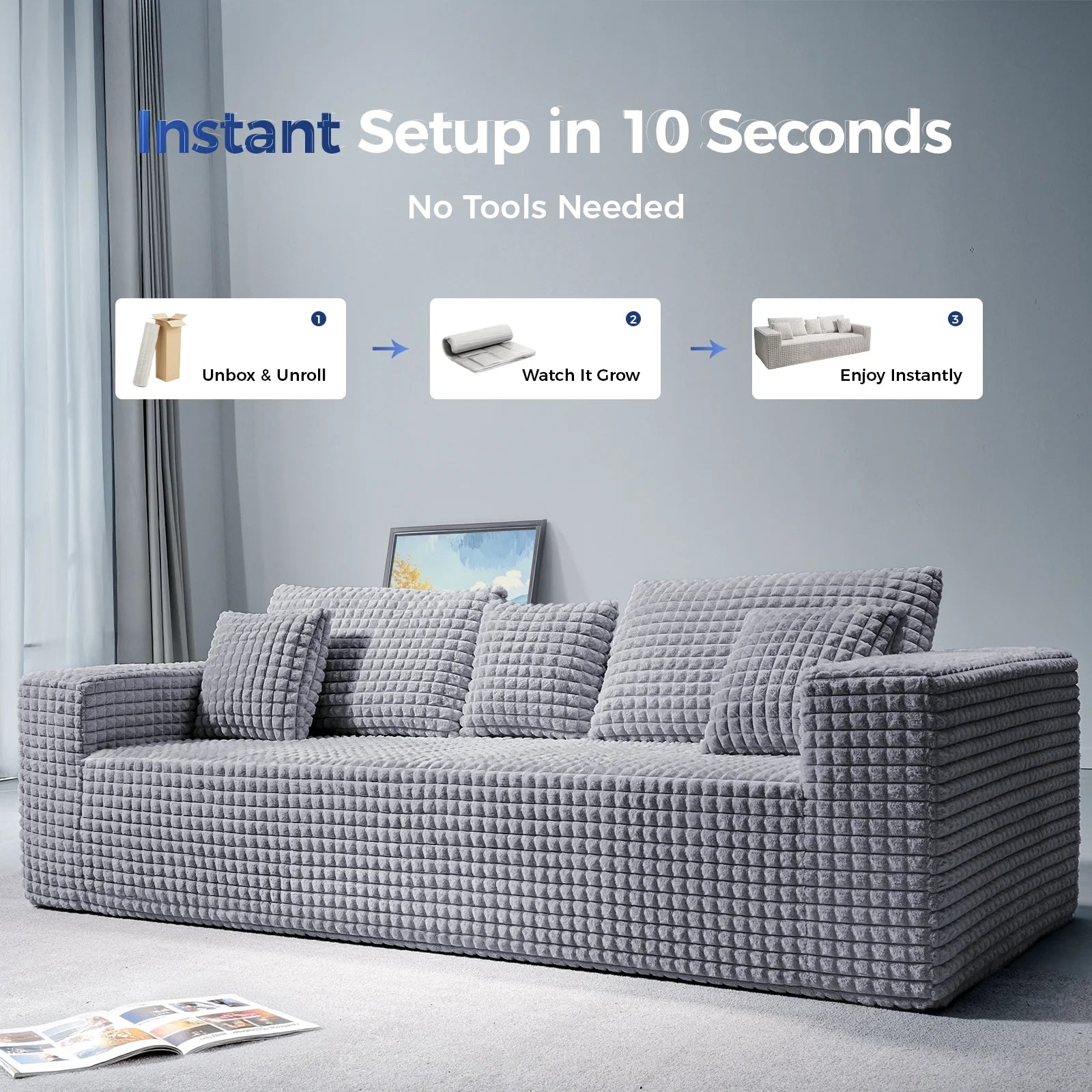 101" Couch for Living Room Furniture Diamond Boneless Sofa with 31-Inch Extra Deep Seat, No Assembly, Gray