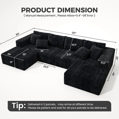 137" U-Shaped Sectional Sofa with Chaise, Modular Cloud Sectional Couch with Deep Seat for Living Room, Modern Boneless Couch with Back Cushion, Pillow, Ottoman, No Assembly Required, Corduroy Fabric