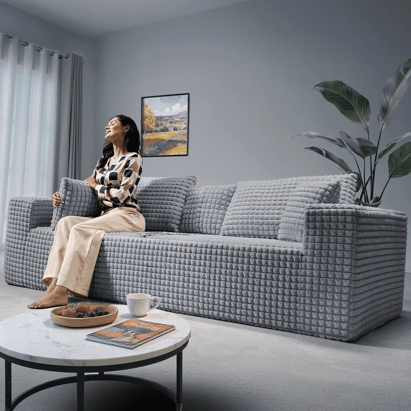 101" Couch for Living Room Furniture Diamond Boneless Sofa with 31-Inch Extra Deep Seat, No Assembly, Gray