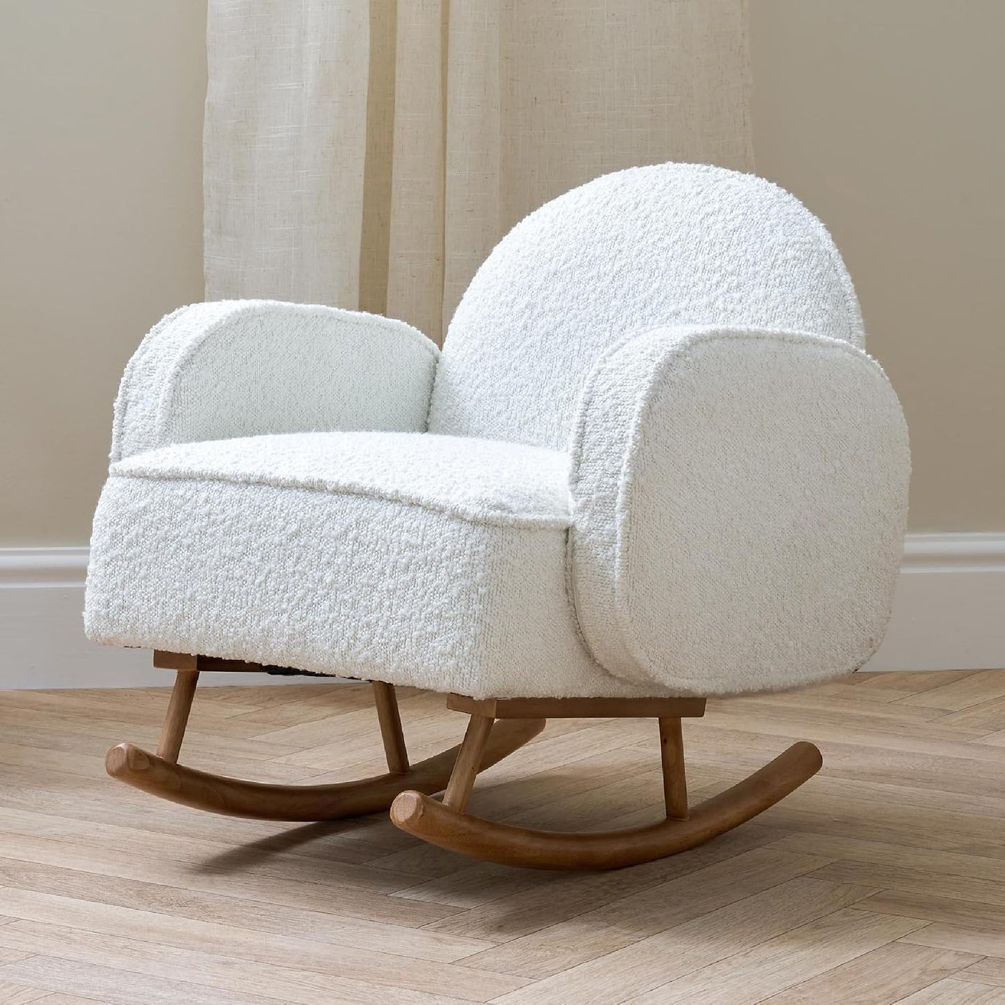 Micah Mini Me Kids Rocking Chair - Co-Ordinated Bouclé Rocking Chair for Toddler, Rounded Backrest & Rubberwood Rocking Bars, Toddler Rocker for Kids from 3 to 6 Years (Fresh Cream)