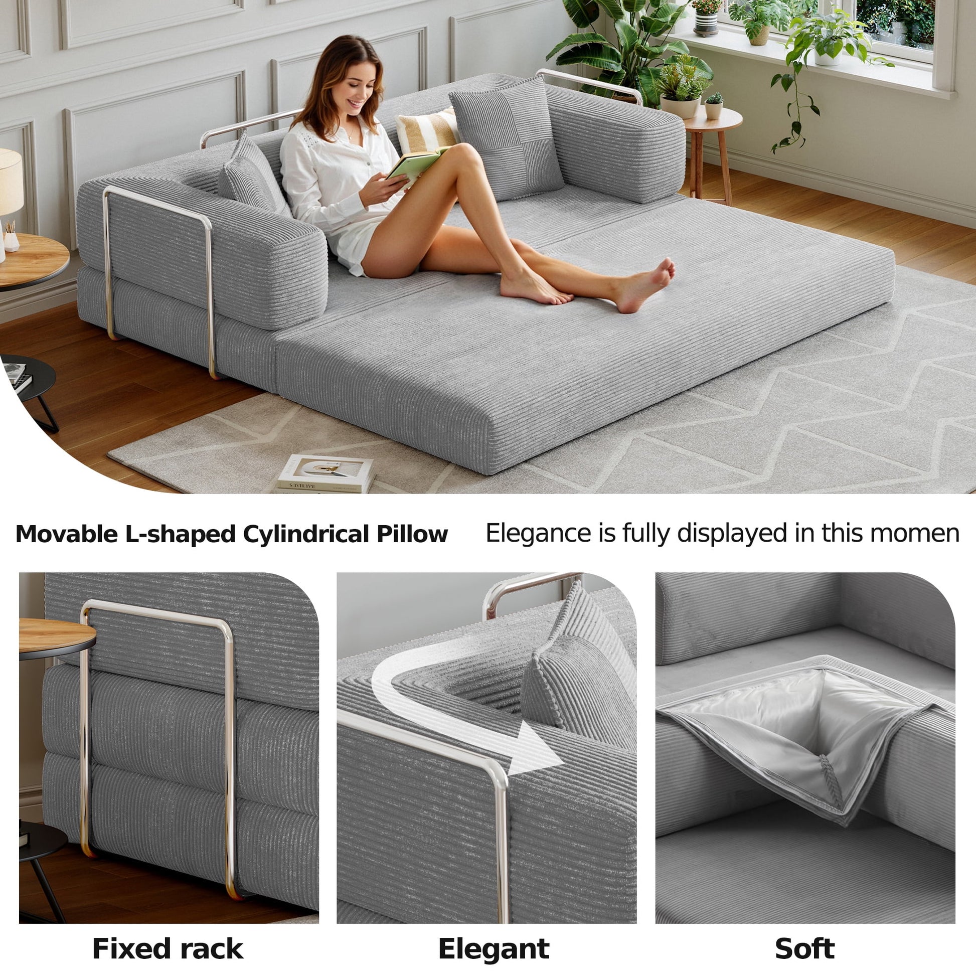 Convertible Sleeper Sofa Bed,Compressed Floor Boneless Couch,Modular Modern Corduroy Sofa for Living Room Bedroom,Easy Assembly(Grey)78.8''