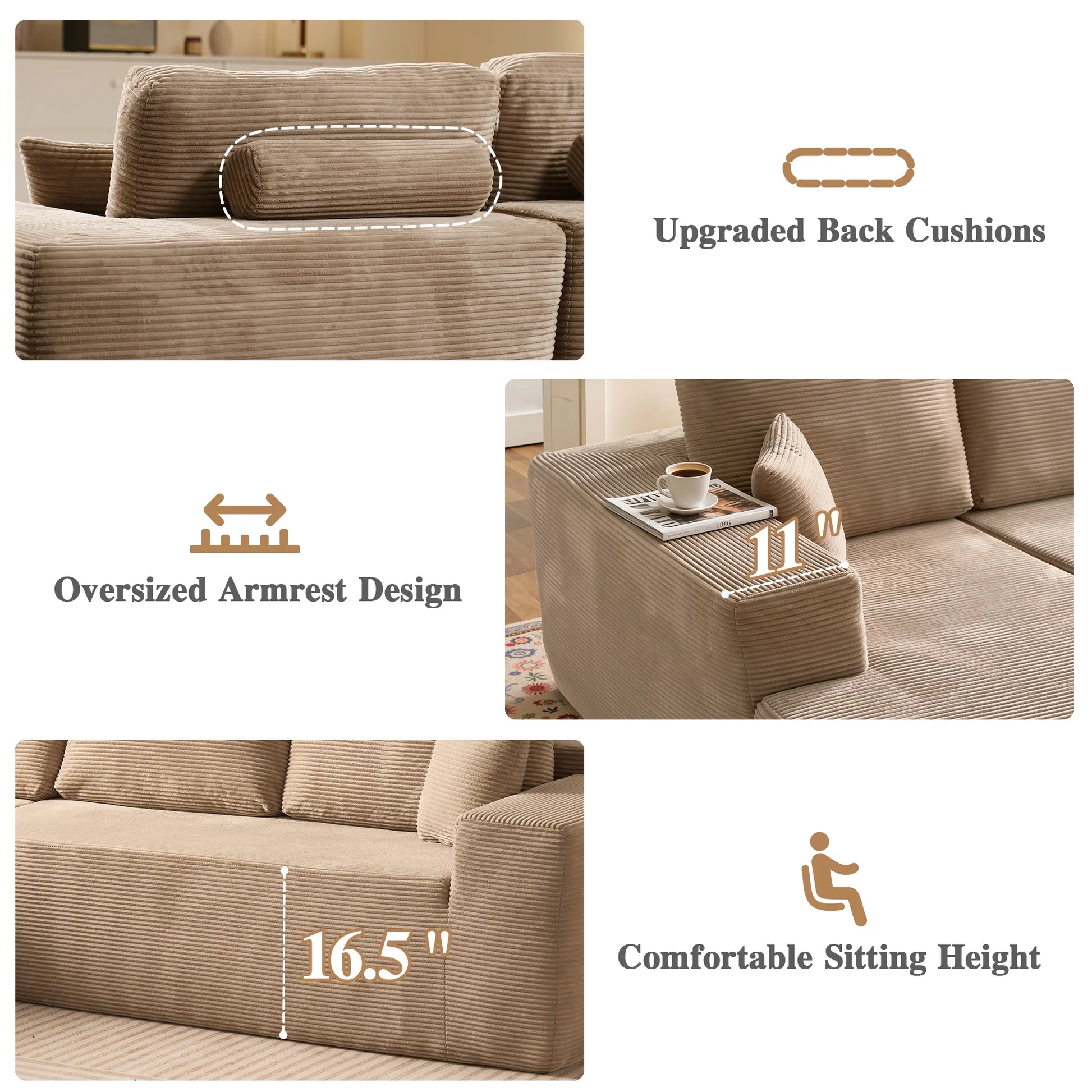 106" Cloud Sofa Couch No Assembly Boneless Deep Seat Sofa for Living Room, Camel(Corduroy)