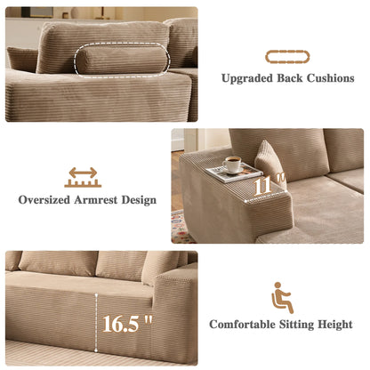 106" Cloud Sofa Couch No Assembly Boneless Deep Seat Sofa for Living Room, Camel(Corduroy)