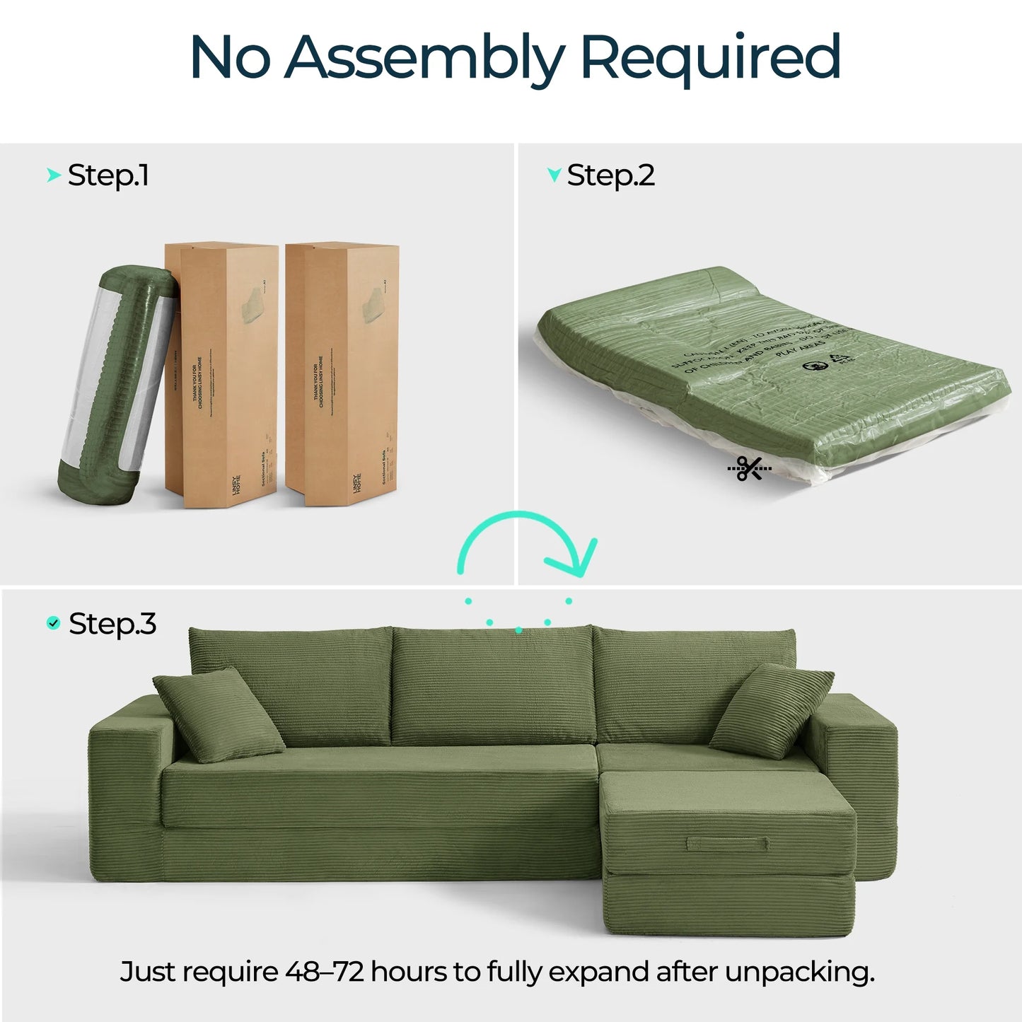 110" 4-In-1 Convertible Sectional Cloud Couch for Living Room, Modular Sleeper Sofa Bed with 2 Pillows, No Assembly Required, Green