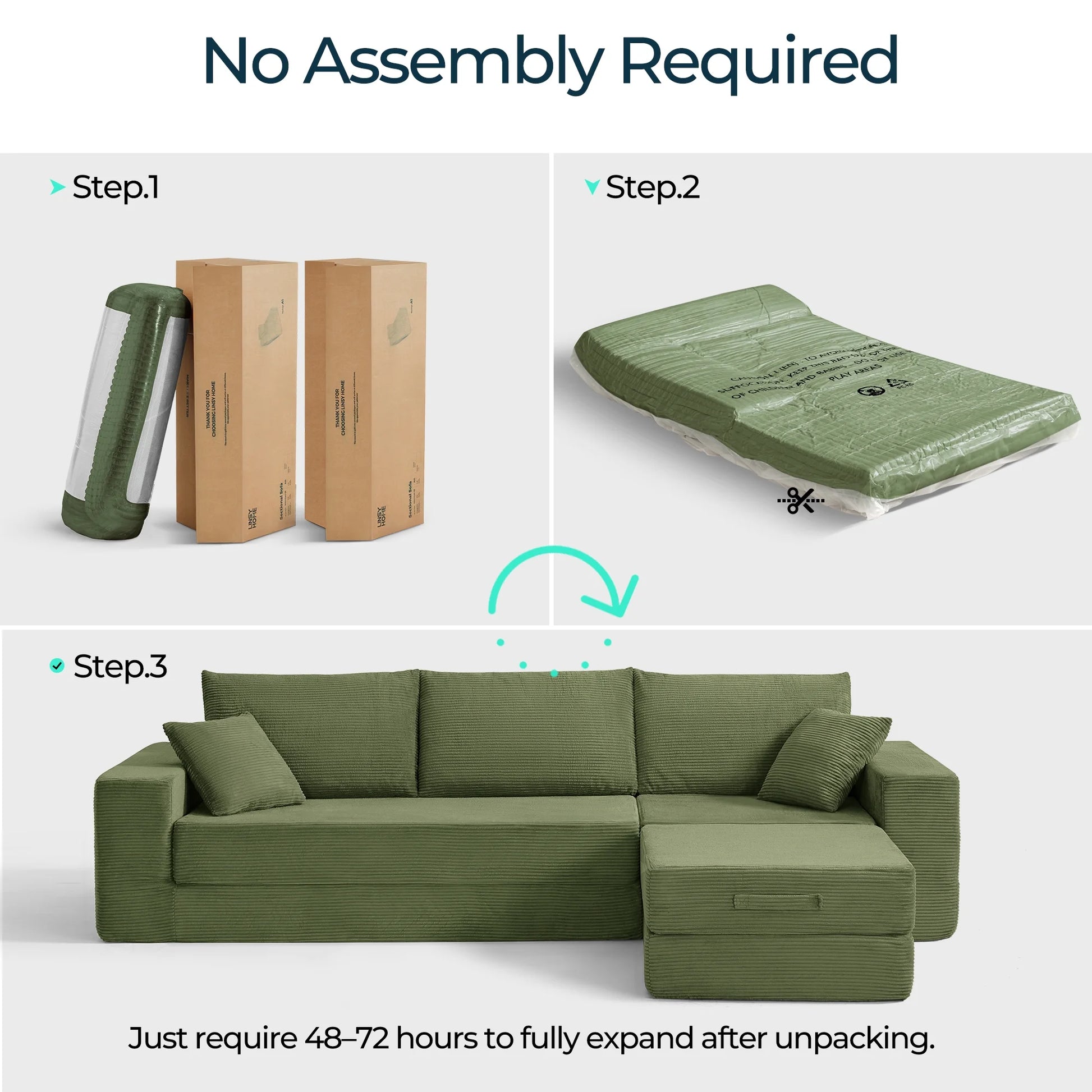 110" 4-In-1 Convertible Sectional Cloud Couch for Living Room, Modular Sleeper Sofa Bed with 2 Pillows, No Assembly Required, Green