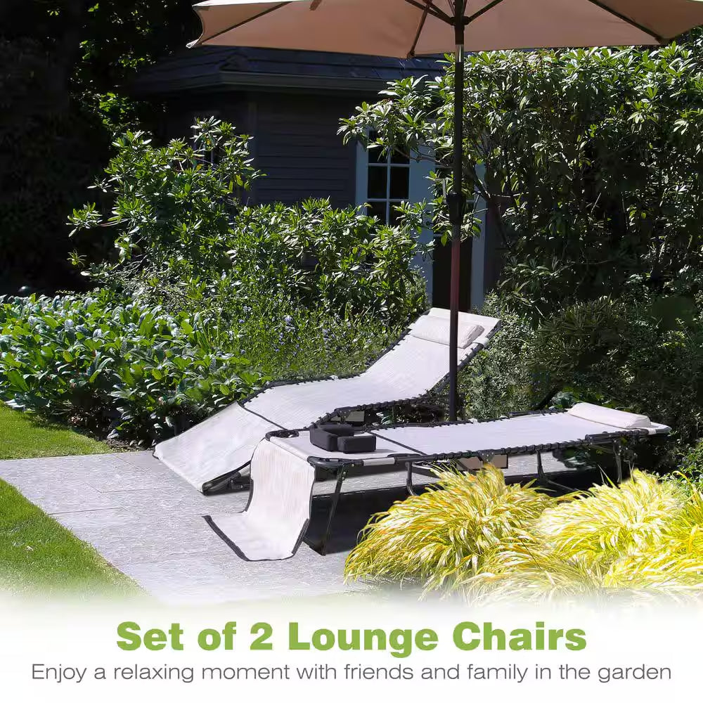 2-Piece Metal Outdoor Lounge Chairs Chaise Lounges with Face Hole, Pillow and Pocket in Beige