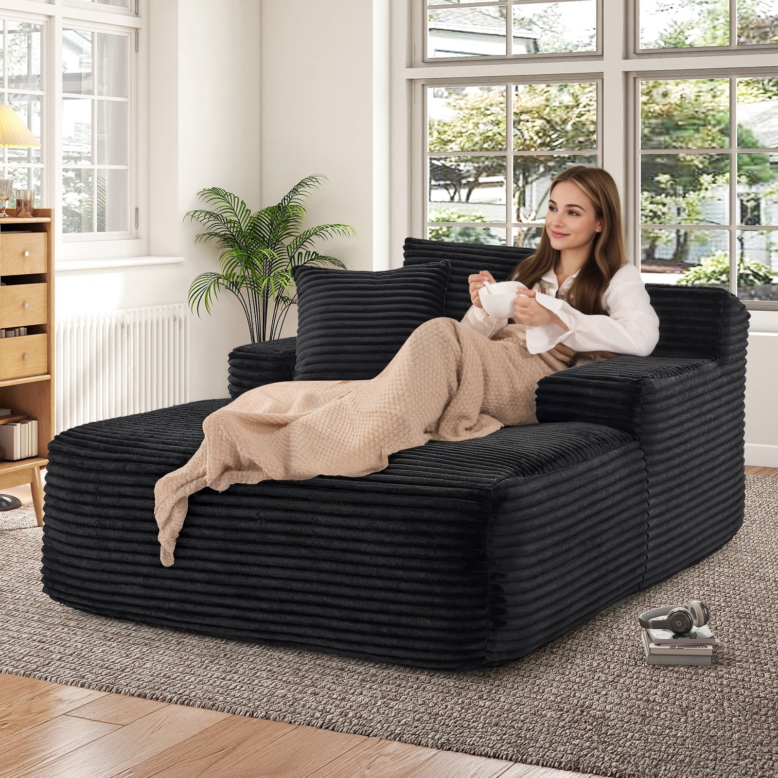 Oversized Chaise Lounge Chair Indoor, No Assembly Required, Plush Corduroy Cloud Floor Sofa Bed for Living Room, Black