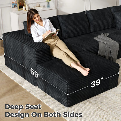 137" U-Shaped Sectional Sofa with Chaise, Modular Cloud Sectional Couch with Deep Seat for Living Room, Modern Boneless Couch with Back Cushion, Pillow, Ottoman, No Assembly Required, Corduroy Fabric