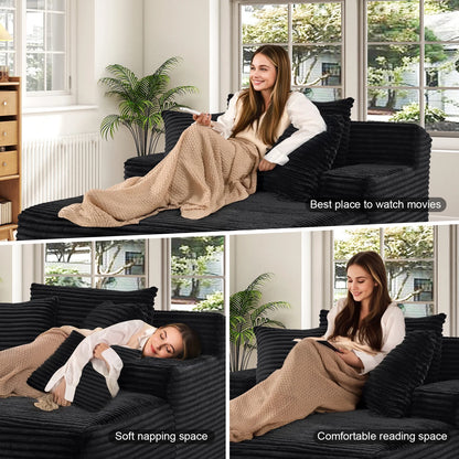 Oversized Chaise Lounge Chair Indoor, No Assembly Required, Plush Corduroy Cloud Floor Sofa Bed for Living Room, Black