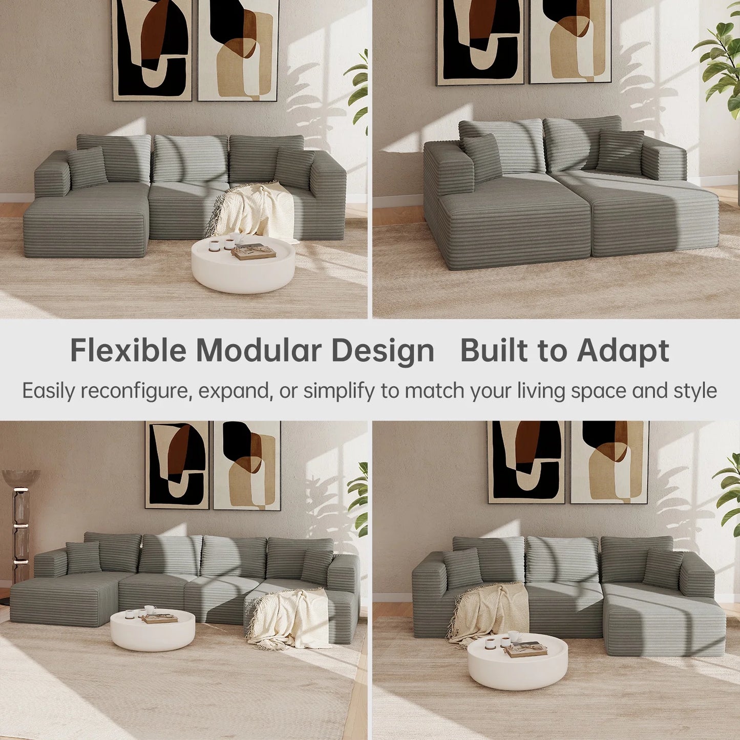 9X5 Feet Boneless Sectional Couch, L-Shaped Cloud Sofa, 3 Seat Modular Memory Foam Couch for Medium Room (Grey, Right Facing Chaise)