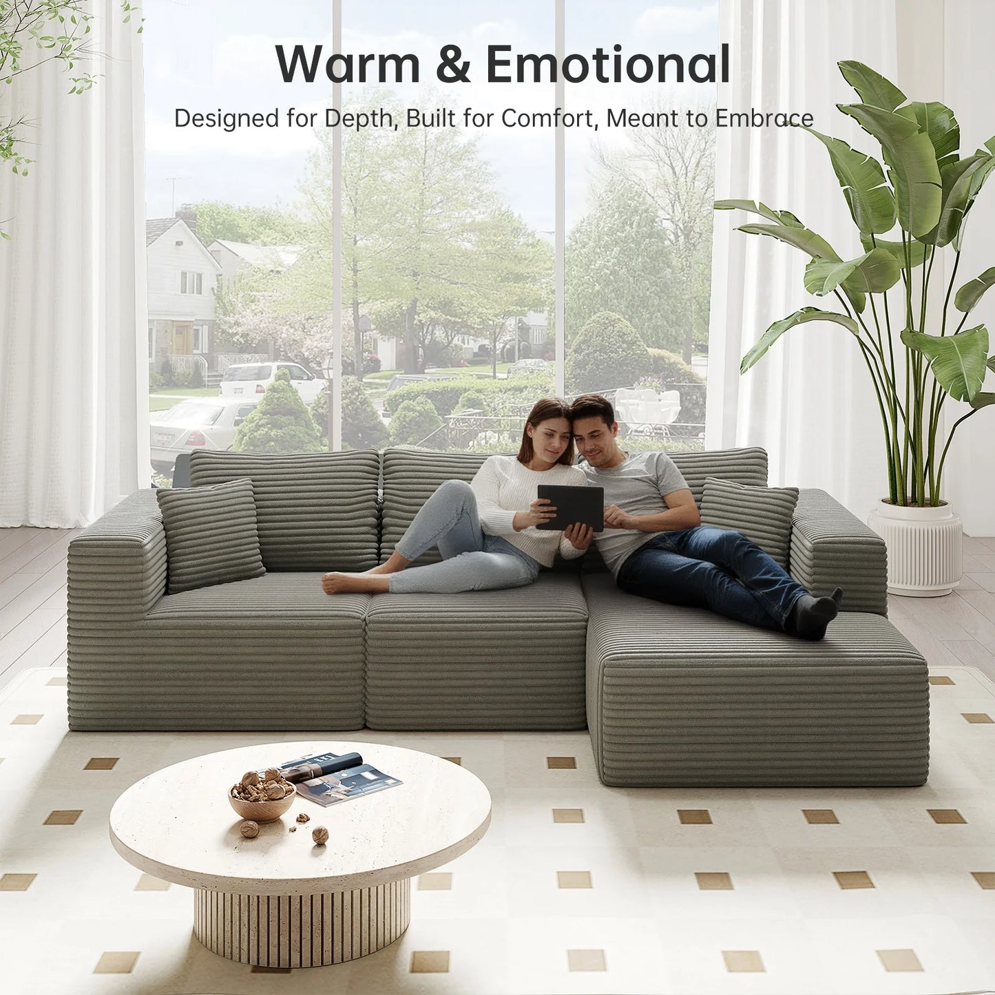 9X5 Feet Boneless Sectional Couch, L-Shaped Cloud Sofa, 3 Seat Modular Memory Foam Couch for Medium Room (Grey, Right Facing Chaise)