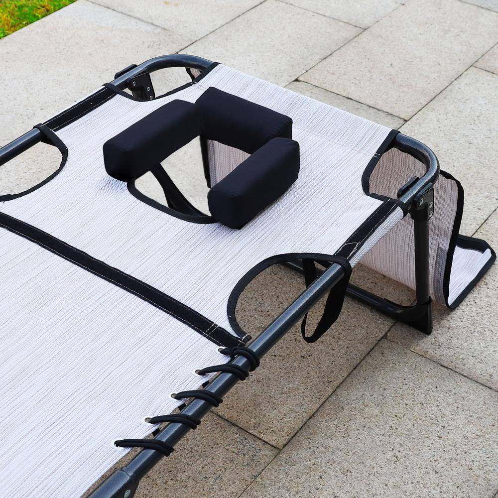 2-Piece Metal Outdoor Lounge Chairs Chaise Lounges with Face Hole, Pillow and Pocket in Beige