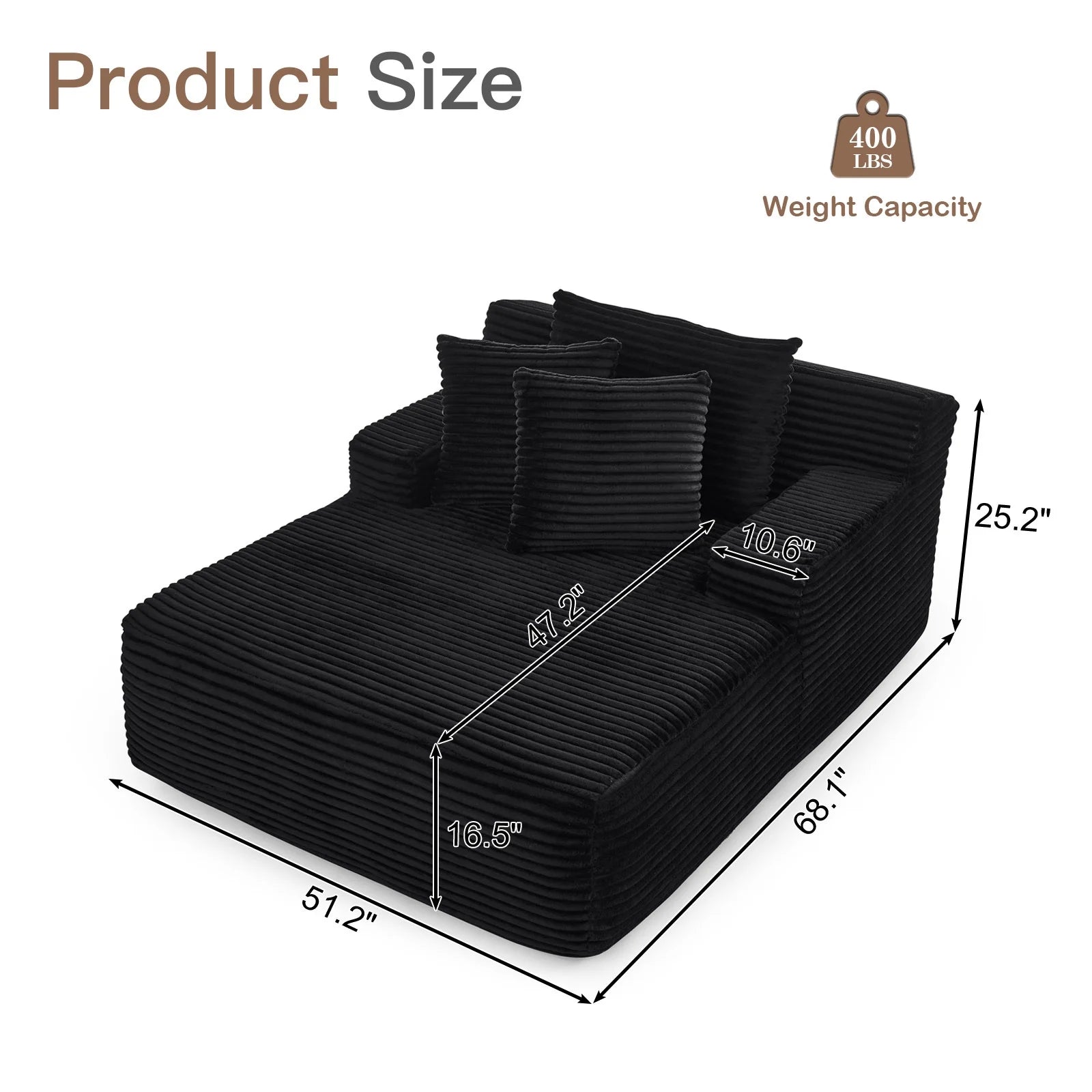 Oversized Chaise Lounge Chair Indoor, No Assembly Required, Plush Corduroy Cloud Floor Sofa Bed for Living Room, Black