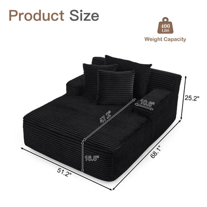 Oversized Chaise Lounge Chair Indoor, No Assembly Required, Plush Corduroy Cloud Floor Sofa Bed for Living Room, Black