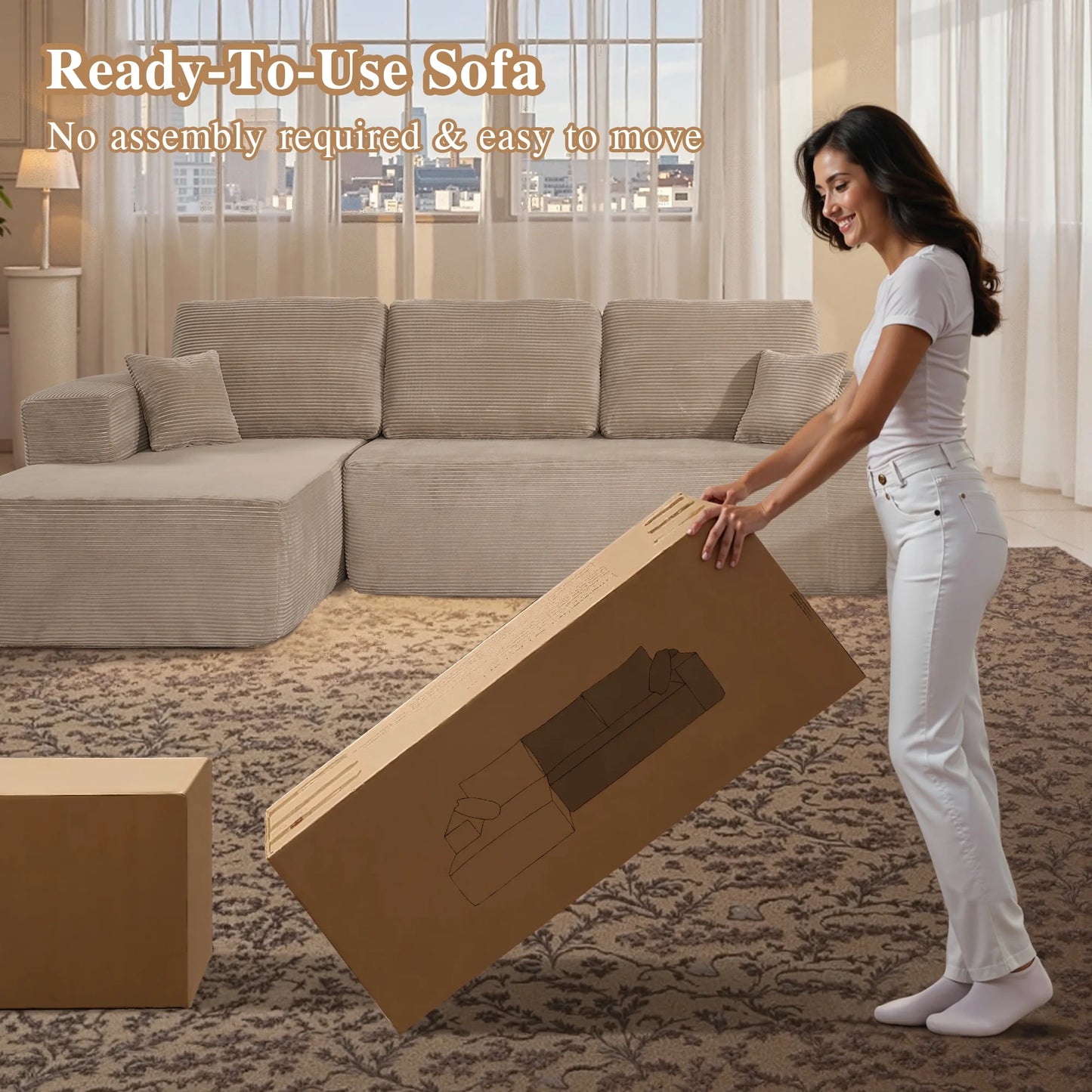 106" Cloud Sofa Couch No Assembly Boneless Deep Seat Sofa for Living Room, Camel(Corduroy)