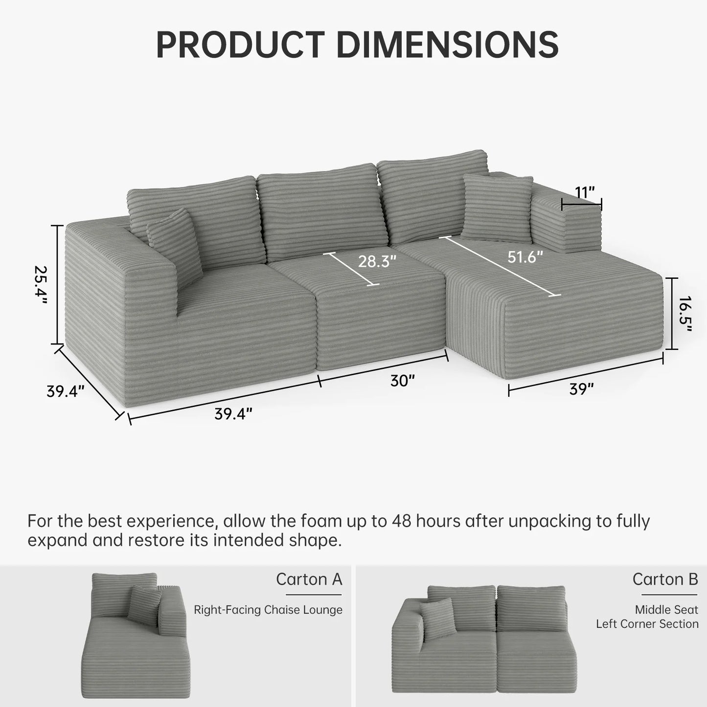 9X5 Feet Boneless Sectional Couch, L-Shaped Cloud Sofa, 3 Seat Modular Memory Foam Couch for Medium Room (Grey, Right Facing Chaise)
