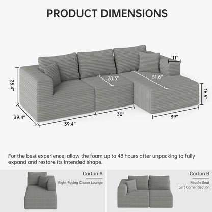 9X5 Feet Boneless Sectional Couch, L-Shaped Cloud Sofa, 3 Seat Modular Memory Foam Couch for Medium Room (Grey, Right Facing Chaise)