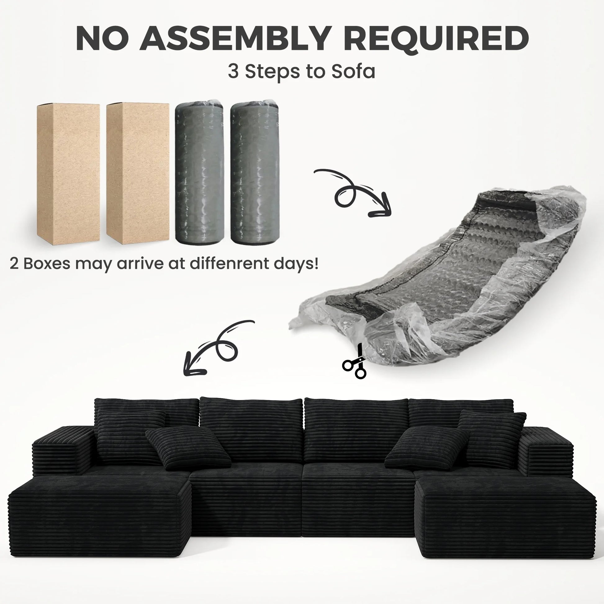 137" U-Shaped Sectional Sofa with Chaise, Modular Cloud Sectional Couch with Deep Seat for Living Room, Modern Boneless Couch with Back Cushion, Pillow, Ottoman, No Assembly Required, Corduroy Fabric