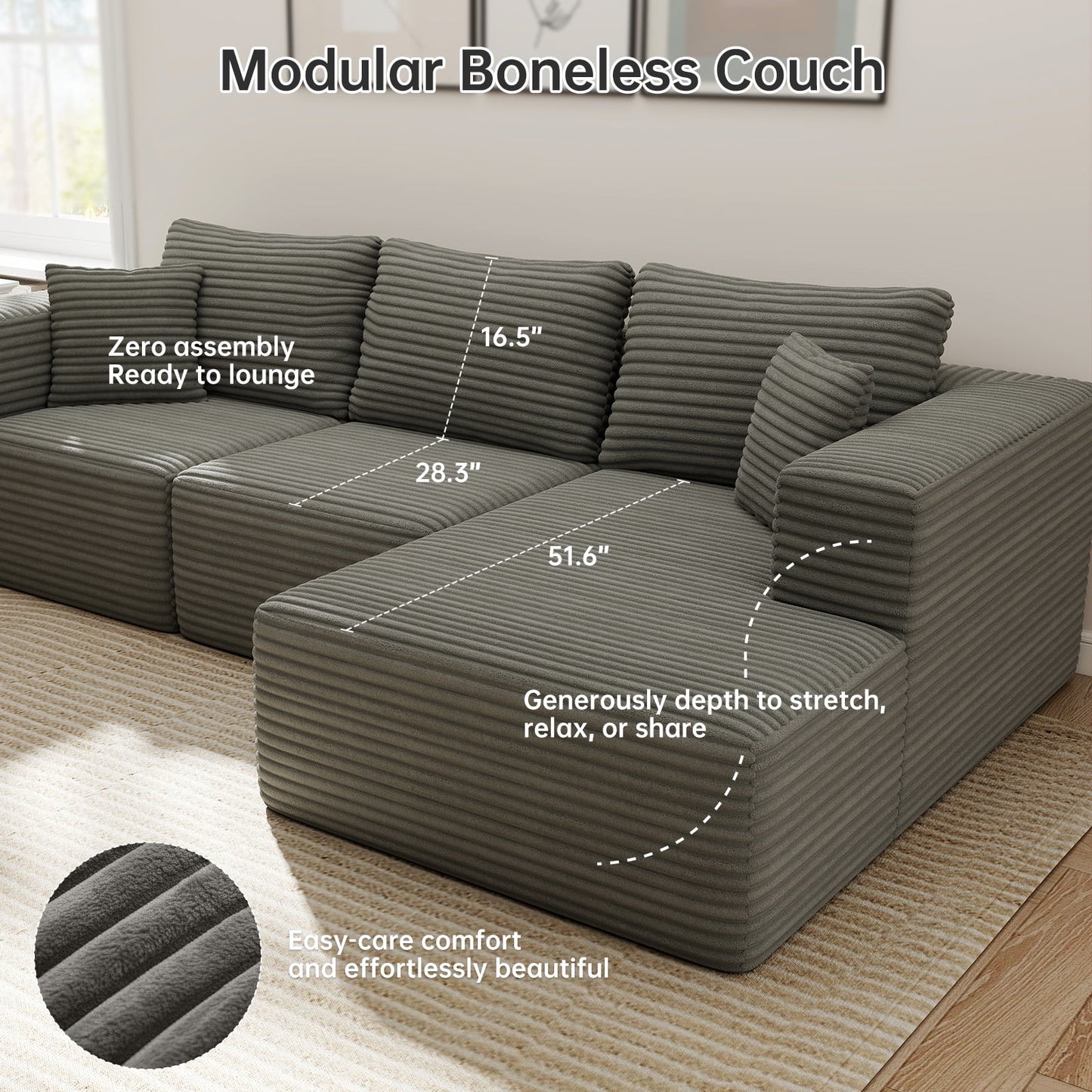 9X5 Feet Boneless Sectional Couch, L-Shaped Cloud Sofa, 3 Seat Modular Memory Foam Couch for Medium Room (Grey, Right Facing Chaise)