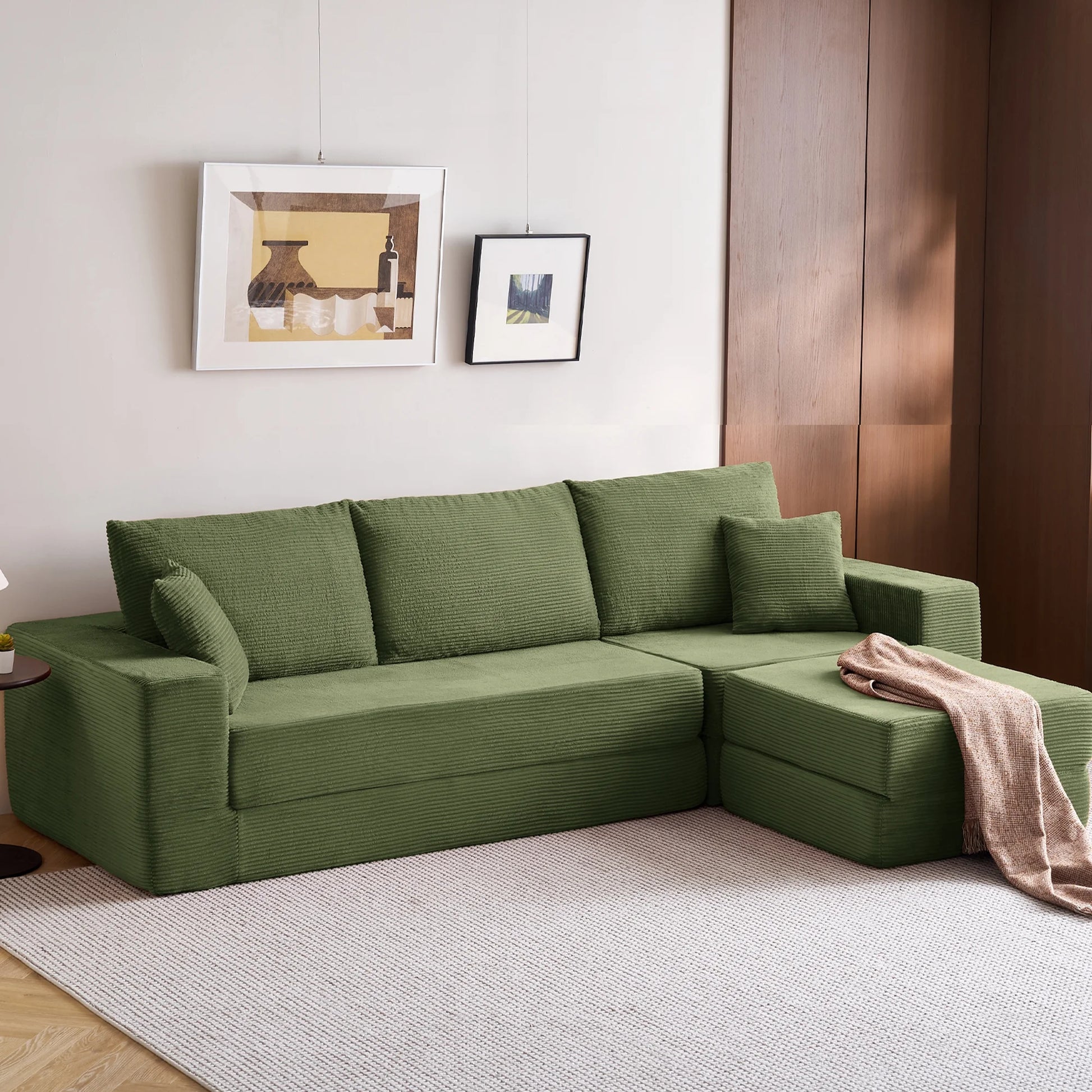 110" 4-In-1 Convertible Sectional Cloud Couch for Living Room, Modular Sleeper Sofa Bed with 2 Pillows, No Assembly Required, Green
