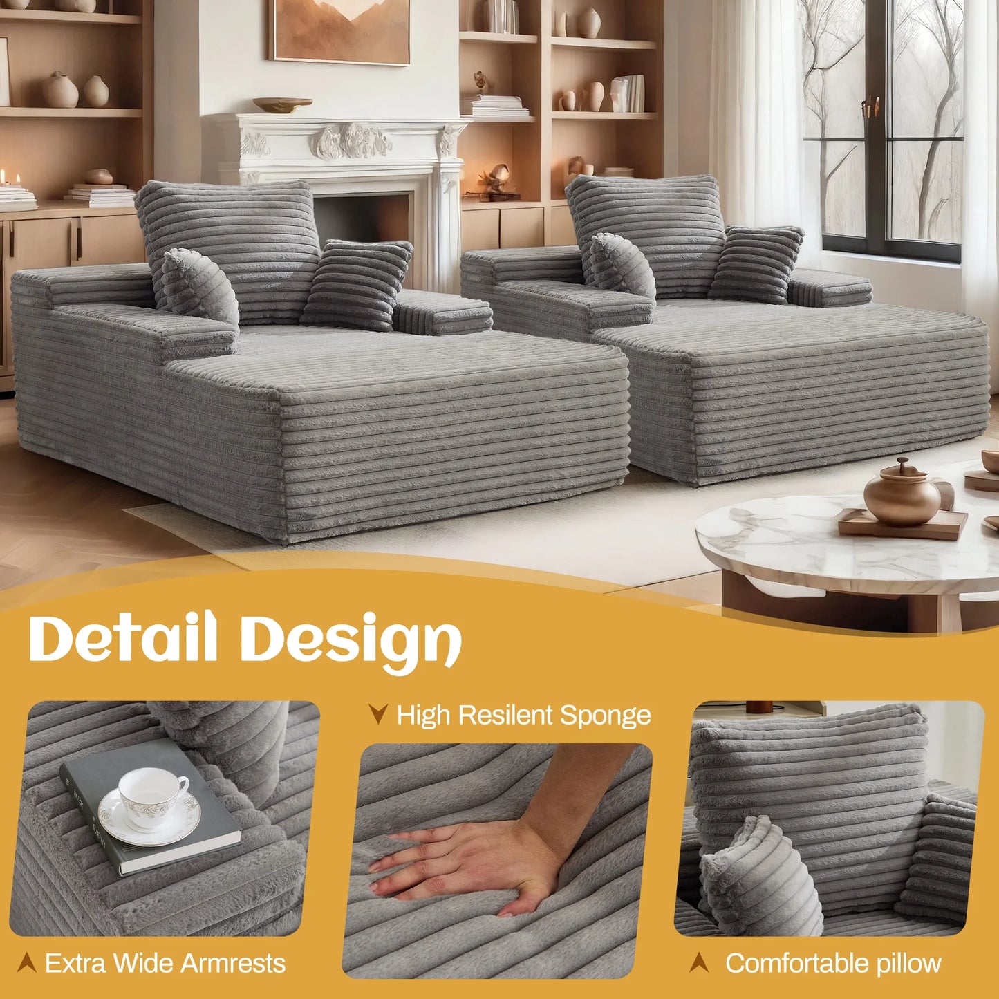 68.5" Boneless Chaise Lounge Chair Indoor, Upholstered Sofa Bed Corduroy Couches for Living Room, No Assembly Required, Grey