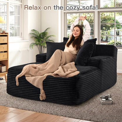 Oversized Chaise Lounge Chair Indoor, No Assembly Required, Plush Corduroy Cloud Floor Sofa Bed for Living Room, Black