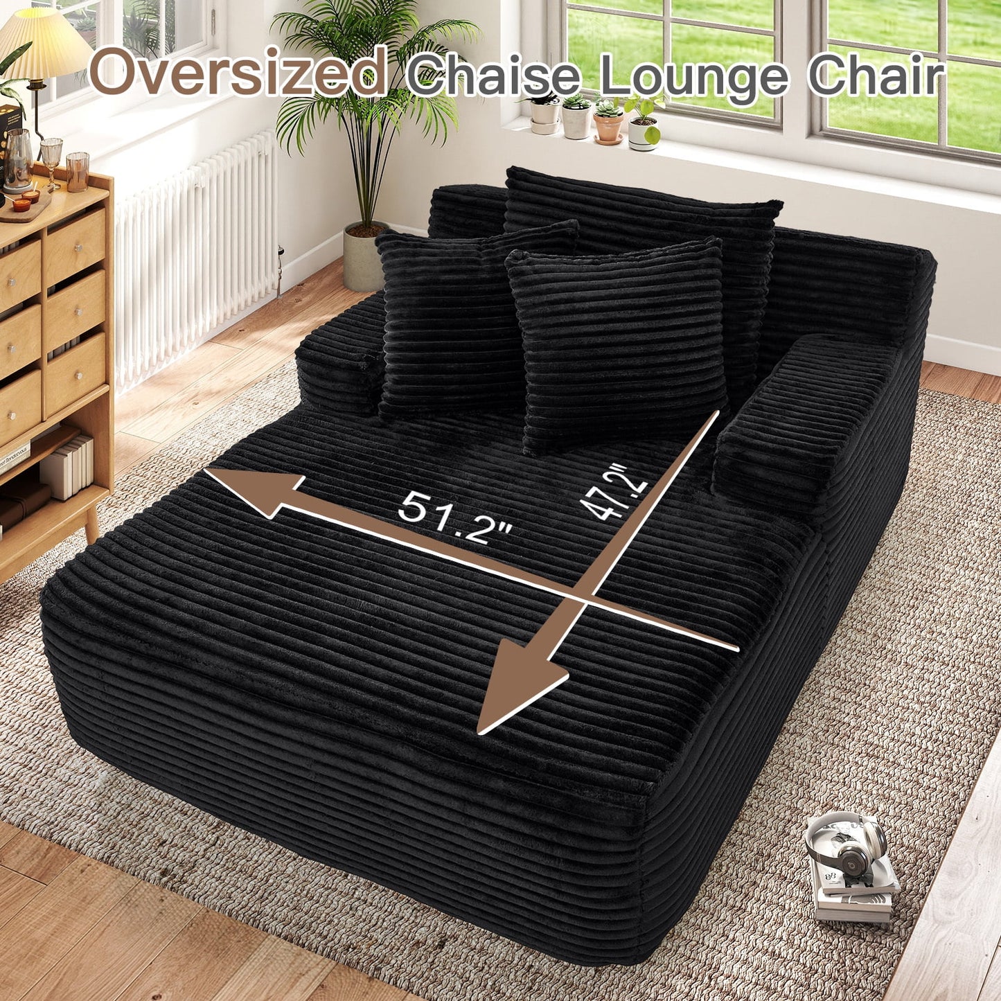 Oversized Chaise Lounge Chair Indoor, No Assembly Required, Plush Corduroy Cloud Floor Sofa Bed for Living Room, Black