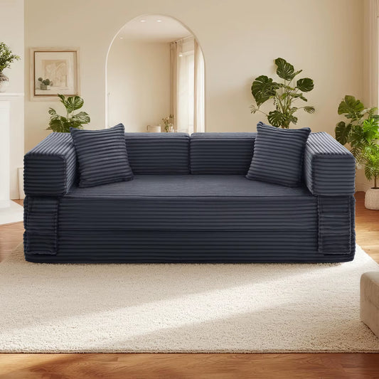 78" Convertible Sofa Bed, Corduroy Deep Seat Folding Pull Out Couch with Pillows, No Assembly Modern Boneless Couch