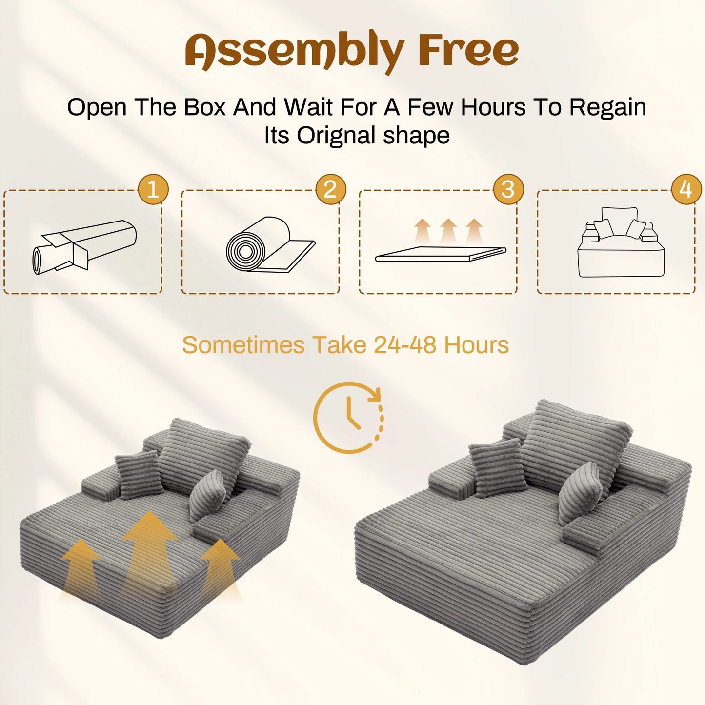 68.5" Boneless Chaise Lounge Chair Indoor, Upholstered Sofa Bed Corduroy Couches for Living Room, No Assembly Required, Grey
