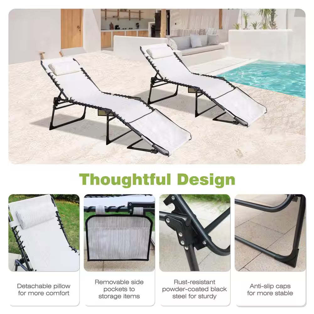 2-Piece Metal Outdoor Lounge Chairs Chaise Lounges with Face Hole, Pillow and Pocket in Beige