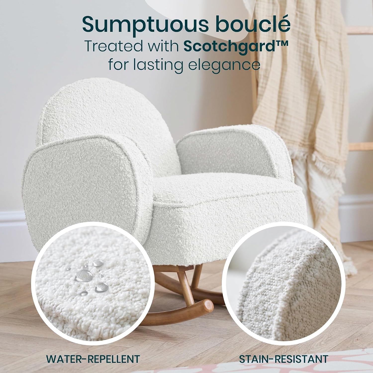 Micah Mini Me Kids Rocking Chair - Co-Ordinated Bouclé Rocking Chair for Toddler, Rounded Backrest & Rubberwood Rocking Bars, Toddler Rocker for Kids from 3 to 6 Years (Fresh Cream)