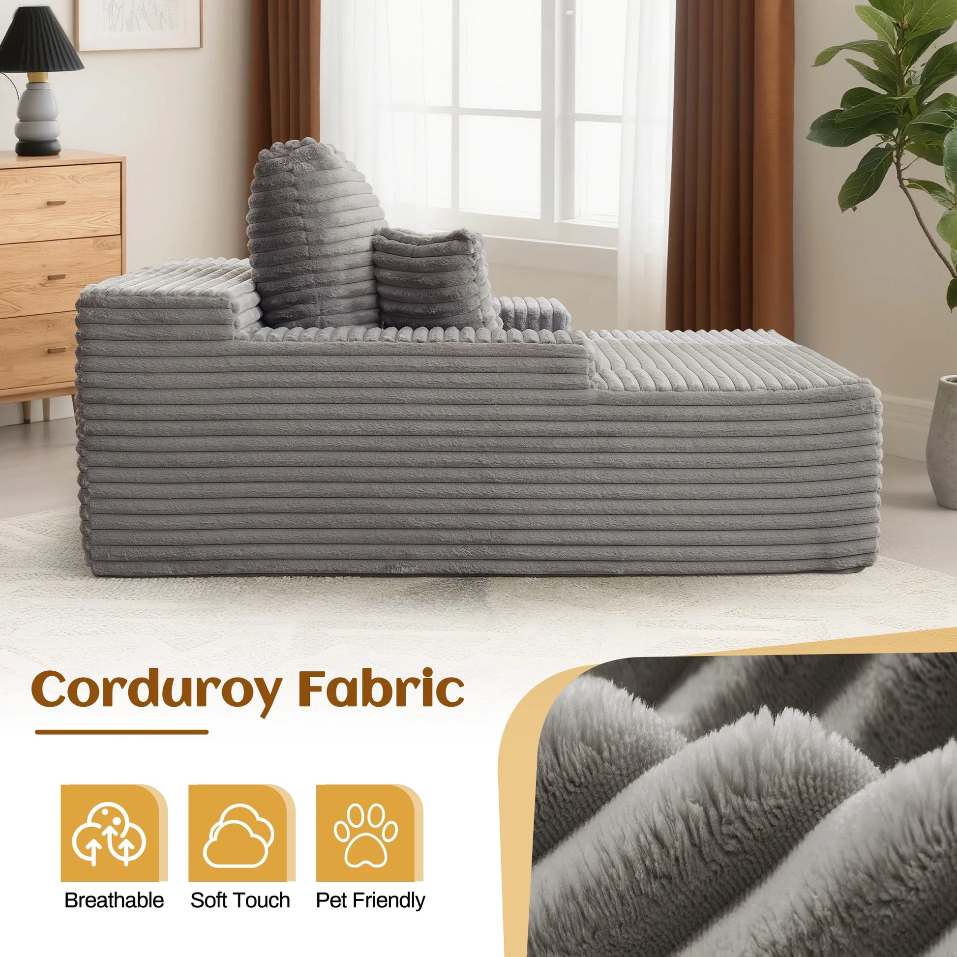 68.5" Boneless Chaise Lounge Chair Indoor, Upholstered Sofa Bed Corduroy Couches for Living Room, No Assembly Required, Grey