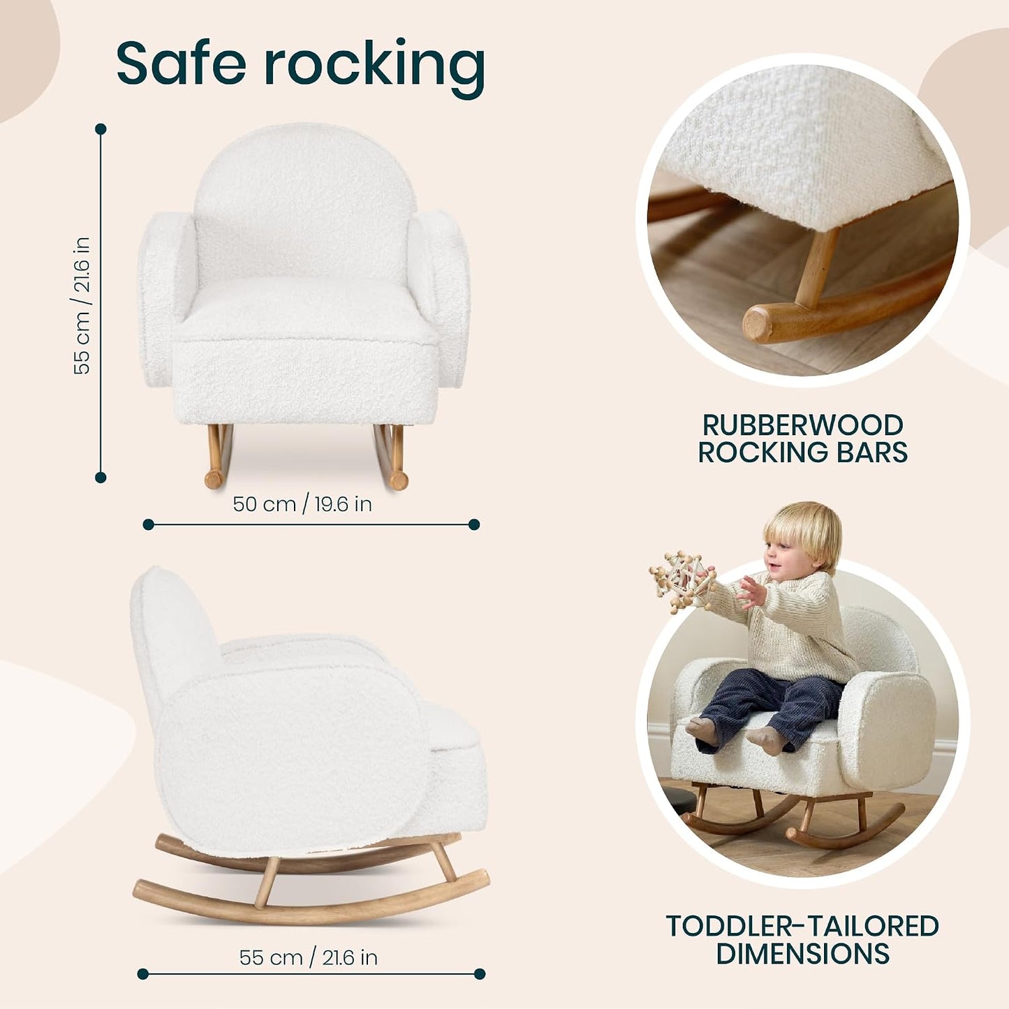 Micah Mini Me Kids Rocking Chair - Co-Ordinated Bouclé Rocking Chair for Toddler, Rounded Backrest & Rubberwood Rocking Bars, Toddler Rocker for Kids from 3 to 6 Years (Fresh Cream)