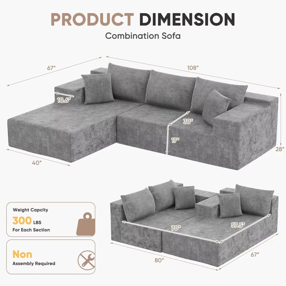 108 Modular Sectional Sofa, Boneless Couch with L-Shape Chaise, Cloud Couch with Deep Seat Upholstered, No Assembly