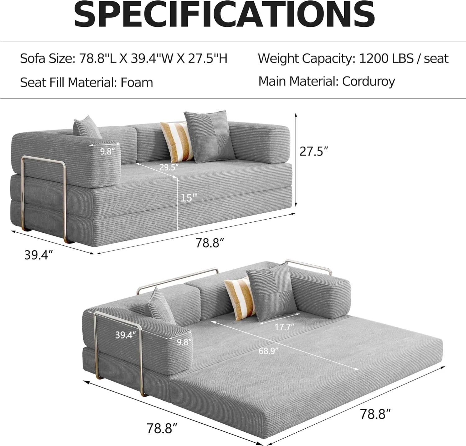 Convertible Sleeper Sofa Bed,Compressed Floor Boneless Couch,Modular Modern Corduroy Sofa for Living Room Bedroom,Easy Assembly(Grey)78.8''