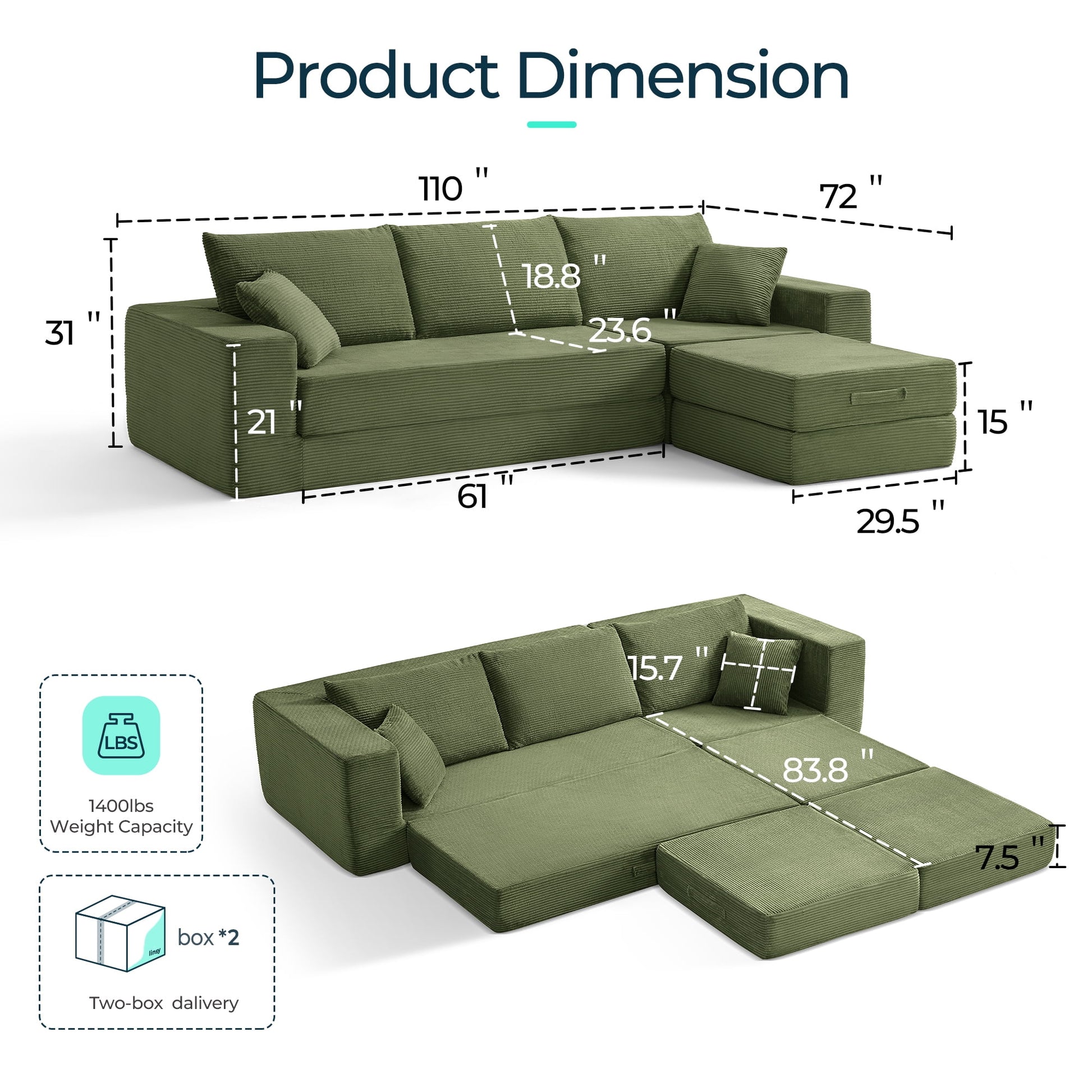 110" 4-In-1 Convertible Sectional Cloud Couch for Living Room, Modular Sleeper Sofa Bed with 2 Pillows, No Assembly Required, Green