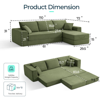 110" 4-In-1 Convertible Sectional Cloud Couch for Living Room, Modular Sleeper Sofa Bed with 2 Pillows, No Assembly Required, Green